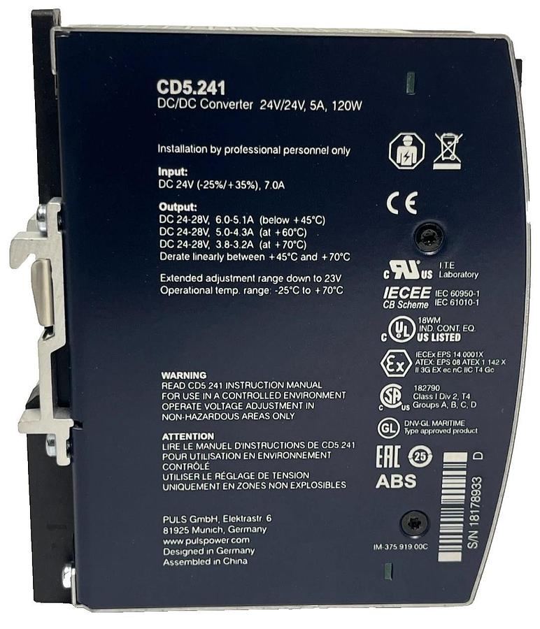 NEW PULS CD5.241 DC/DC Converter | 24V 5A 120W DIMENSION CD-Series DIN Rail