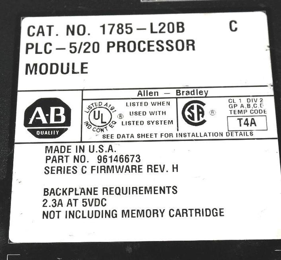 Used ALLEN BRADLEY 1785-L20B/C PLC-5/20 PROCESSOR MODULE F/W: REV. H 1785-L20B