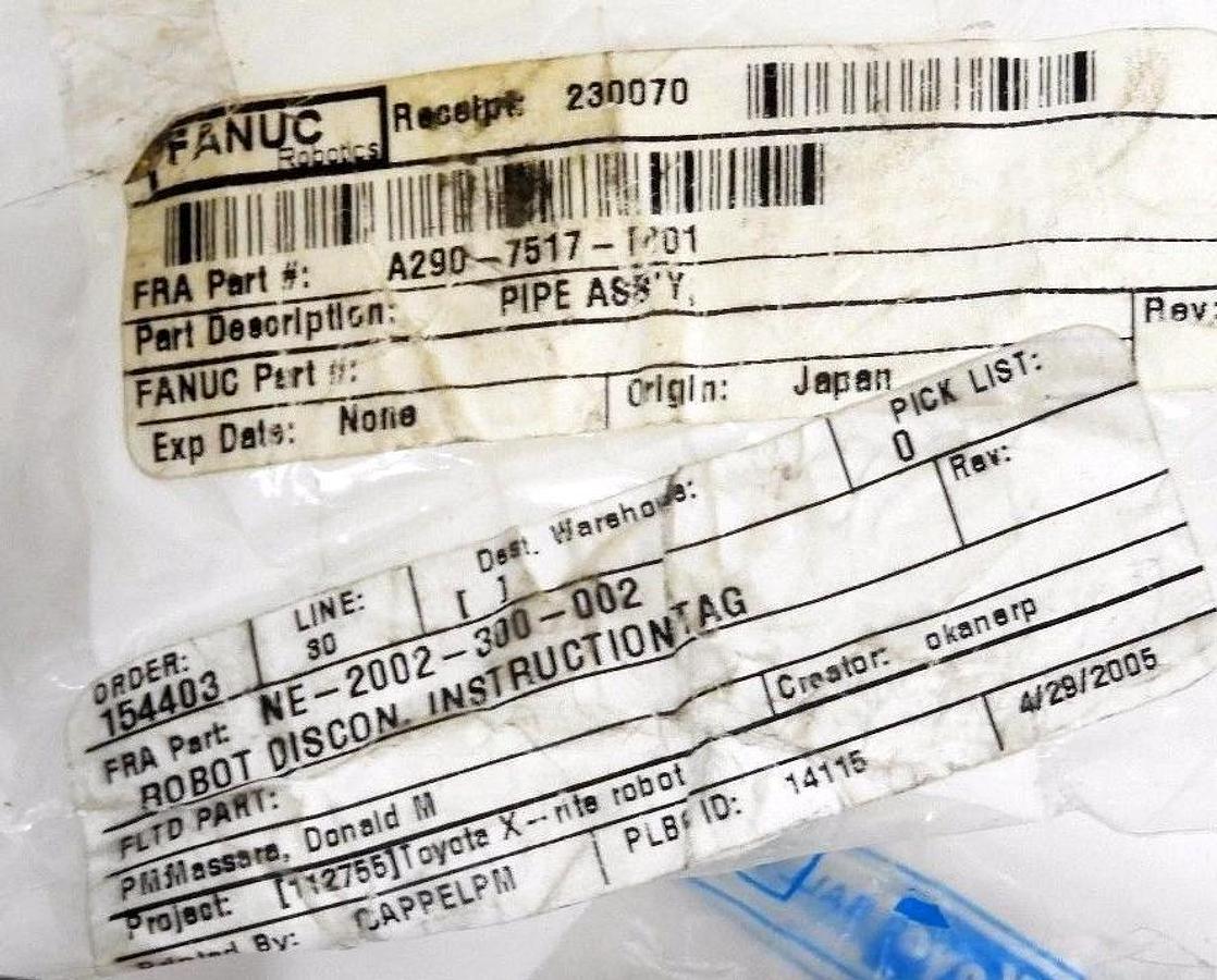 Used NEW FANUC ROBOTICS A290-7517-T401 PIPE ASSEMBLY A2907517T401, W/ 2 KOYO 30202R