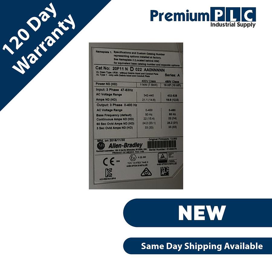 Used NEW ALLEN BRADLEY 20F11ND022AA0NNNNN /A PowerFlex 753 AC DRIVE 15HP 480VAC