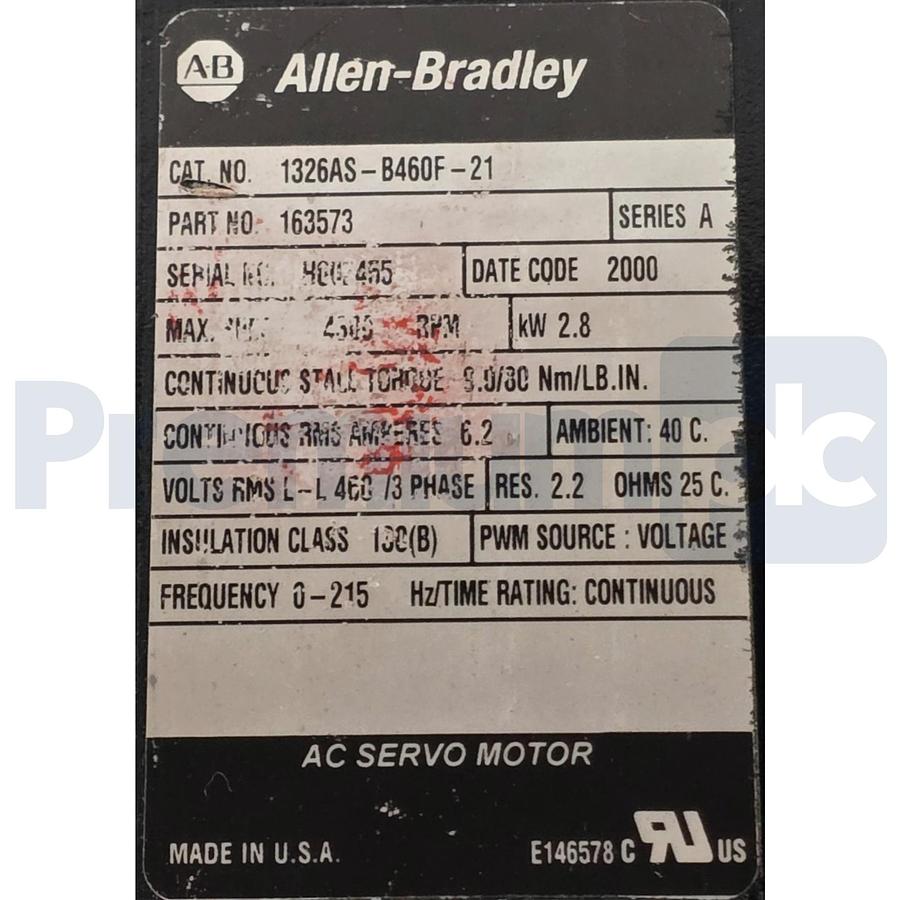 Used Allen Bradley 1326AS-B460F-21 /A AC Servo Motor 2.8kW 4300RPM 460V 163573 NSNP