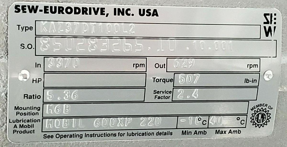 Used SEW-EURODRIVE DFT100L2 5HP 3370RPM MOTOR W/ KAZ37-DT100L2 GEARBOX KAZ37D5100L2