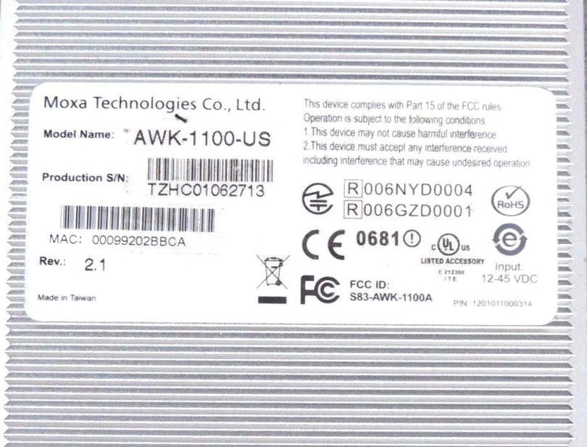 Used NEW MOXA TECHNOLOGIES AWK-1100-US WIRELESS ACCESS POINT REV. 2.1, AWK1100US