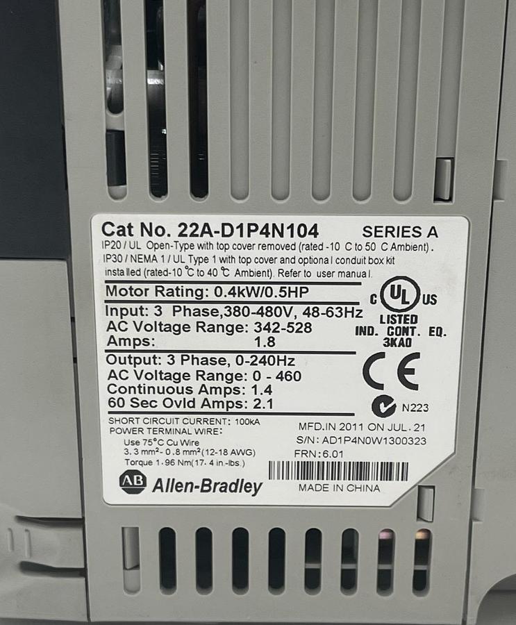 Used ALLEN-BRADLEY 22A-D1P4N104 PowerFlex 4 AC Drive 0.5HP 480V Ser A FRN 6.01
