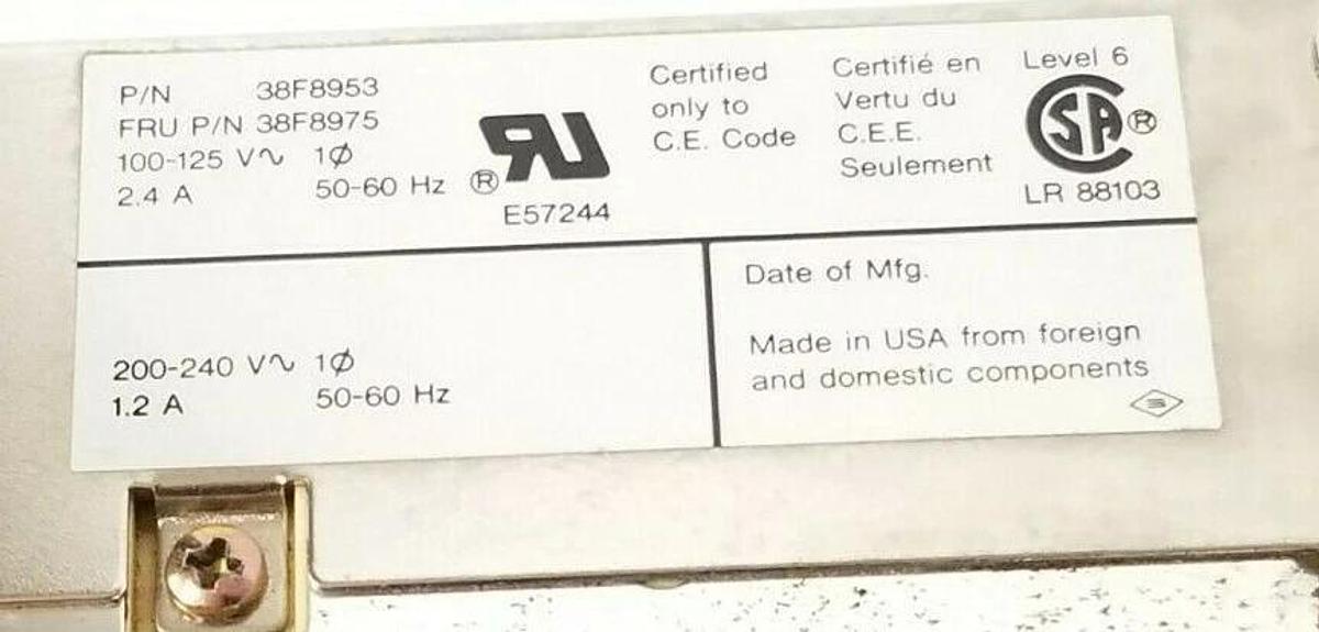 Used IBM / LENOVO P/N: 38F8953 POWER SUPPLY 100-240V 50-60HZ 1.2-2.4A FRU: 38F8975