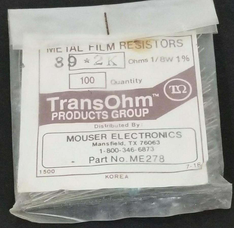 Used LOT OF 100 NEW MOUSER ELECTRONICS ME278 METAL FILM RESISTORS 89*2K OHMS, 1/8W 1%