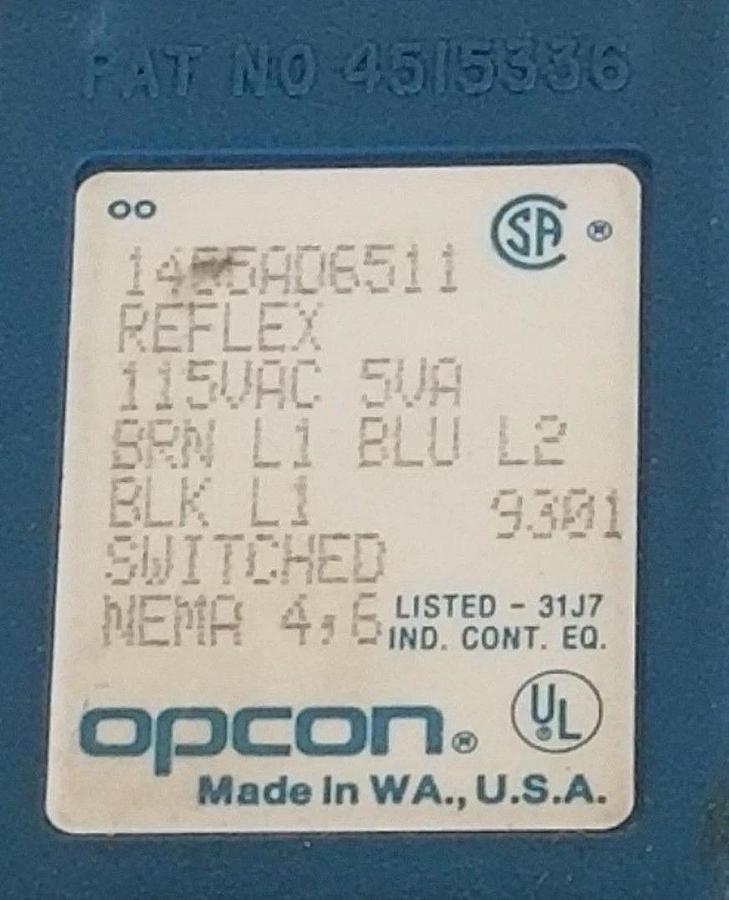 Used OPCON 1455AD-6511 PHOTOELECTRIC REFLEX SENSOR W/ CABLE, 115VAC / 5VA, 1455AD6511