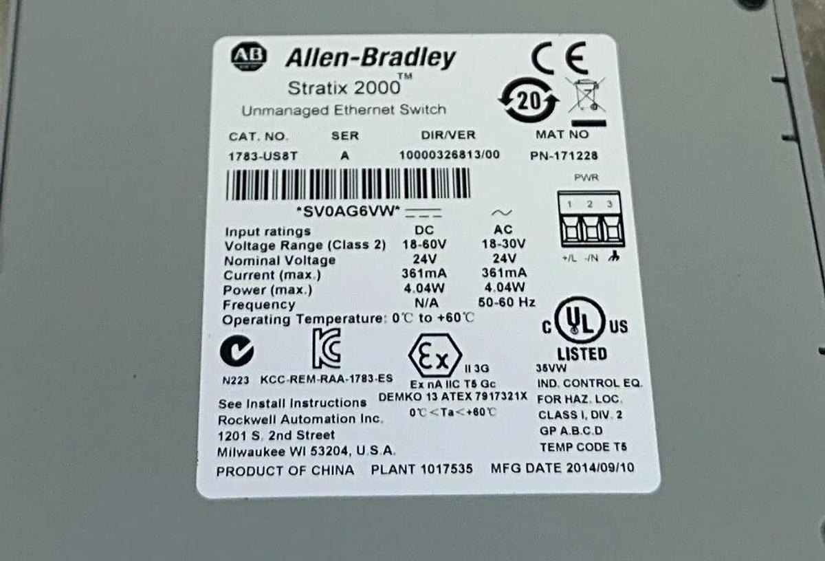 ALLEN BRADLEY 1783-US8T /A Stratix 2000 UNMANAGED EtherNet SWITCH 8-PORT NSMP