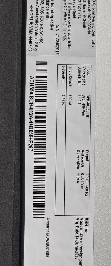 Used ABB ACH550-BCR-012A-4+B058+F267 ACH550 HVAC AC DRIVE 7.5 HP, 380-480V 11.9A NSMP