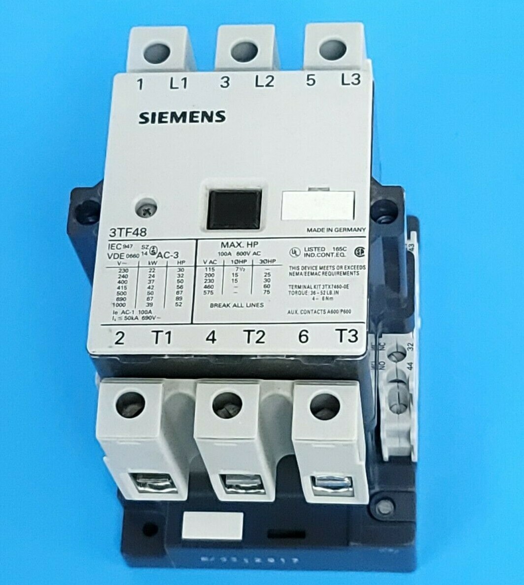Used SIEMENS 3TF4810A-K6 CONTACTOR 3-POLE 110/120VAC 3TF48