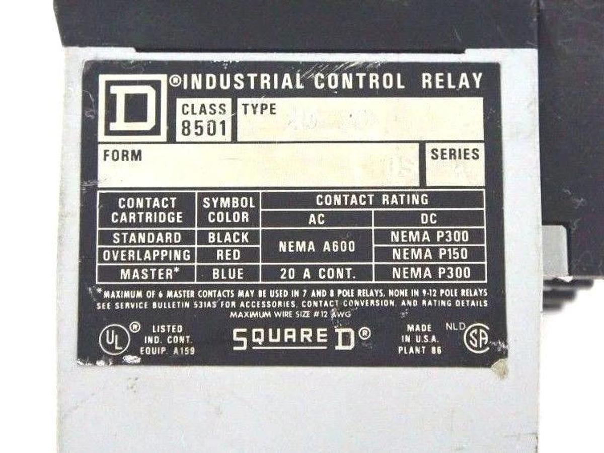 Used SQUARE D 8501-X0-20 TYPE X CONTROL RELAY SER A 8501XO40 8501X040