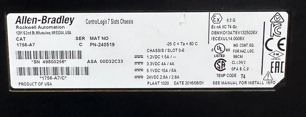 Used ALLEN BRADLEY 1756-PA72 /C ControlLogix AC POWER SUPPLY W/ 1756-A7 /C CHASSIS