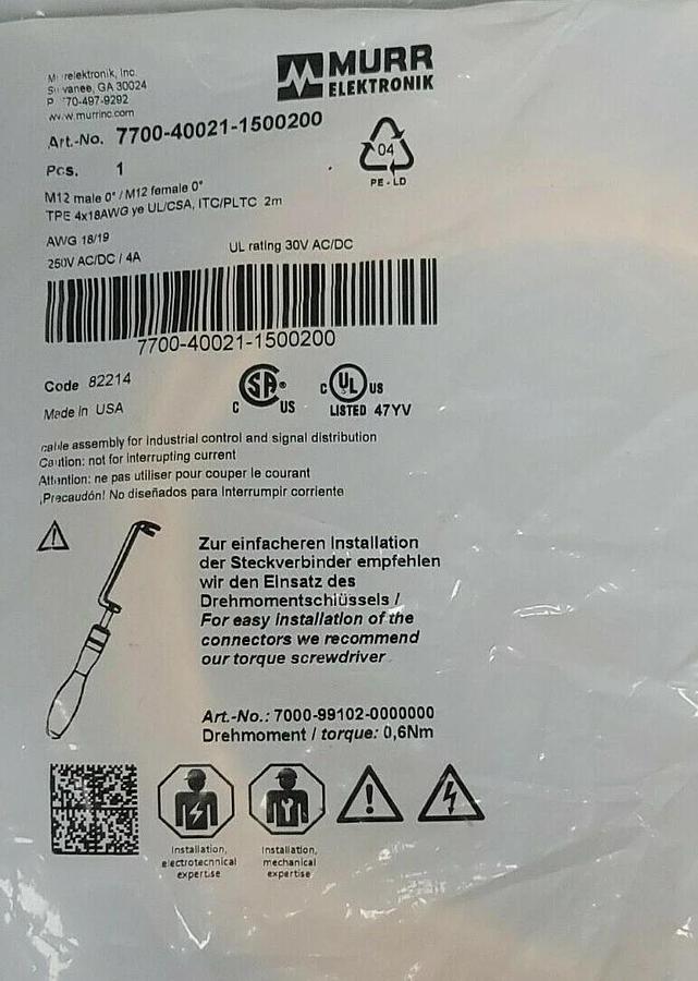 Used NEW MURR ELECTRONIX 7700-40021-1500200 M12 MALE 0° / M12 FEMALE 0° CORDSETS