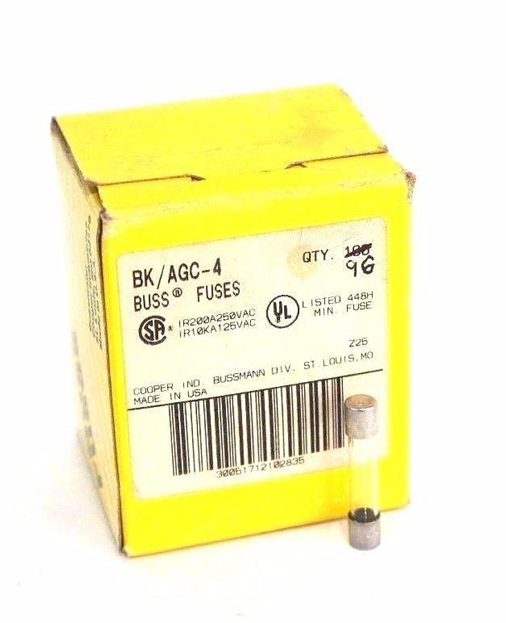 Used BOX OF 96 NEW COOPER BUSSMANN BK/AGC-4 BUSS FUSES 4AMP 250VAC