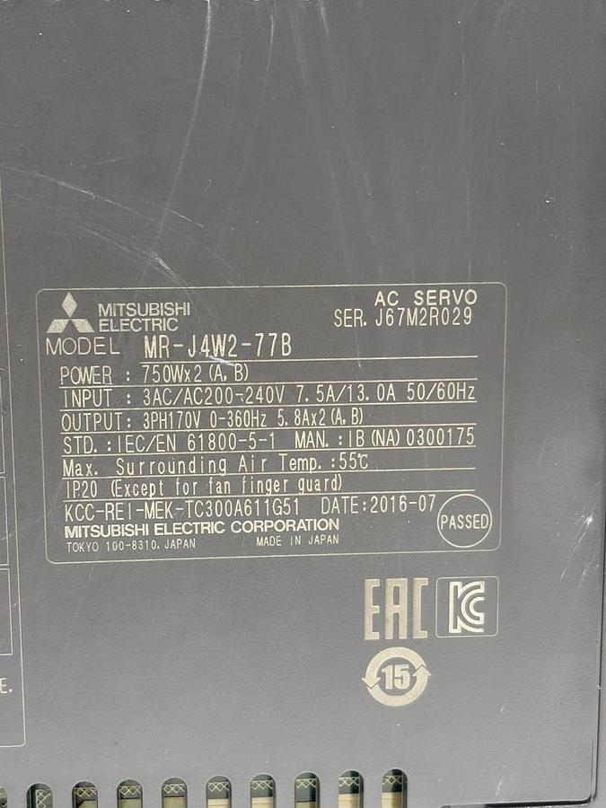 Used Mitsubishi MR-J4W2-77B AC Motion Servo Drive 2-Axis 750W MELSERVO-J4