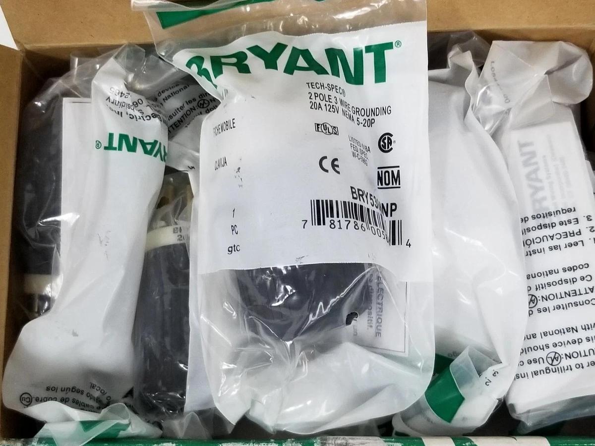 Used BOX OF 10 NEW BRYANT BRY5366NP NYLON PLUGS 20A, 125V NEMA 5-20P, 2P, 3W, GRD
