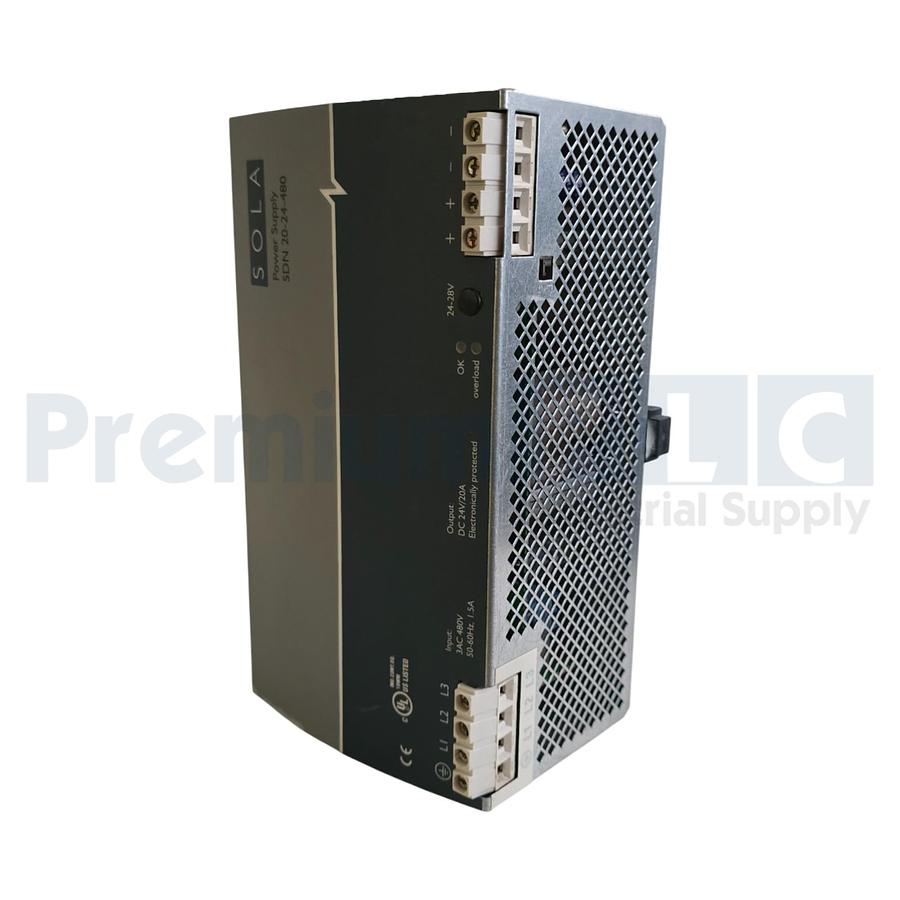 Used EMERSON SolaHD SDN20-24-480 DIN RAIL POWER SUPPLY 24VDC-OUT 380-480 VAC-IN NUPI
