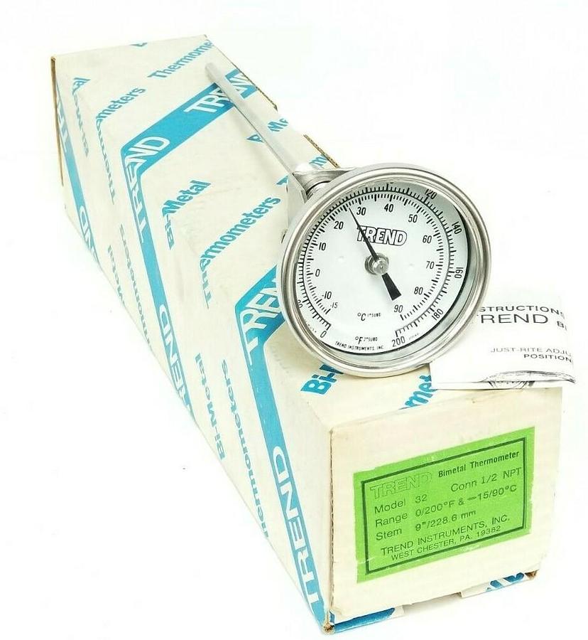 Used NIB TREND INSTRUMENTS MODEL 32 THERMOMETER 9'' STEM 228.6mm 0-200 DEG. F