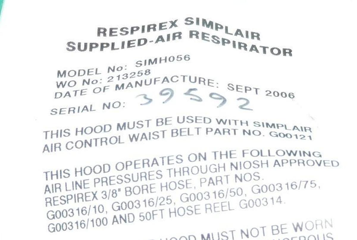 RESPIREX SIMPLAIR SIMH056 SUPPLIED AIR RESPIRATOR NIOSH HOOD ASIMH056/73 NEW