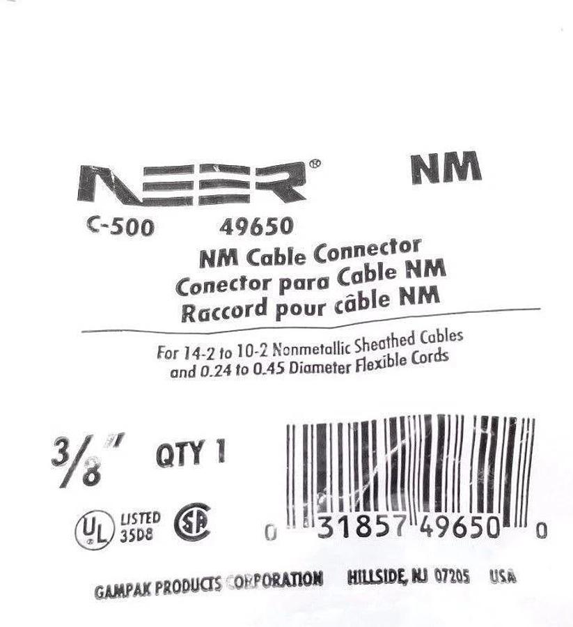 Used NEW NEER 49650 NM CABLE CONNECTOR C-500, 3/8''