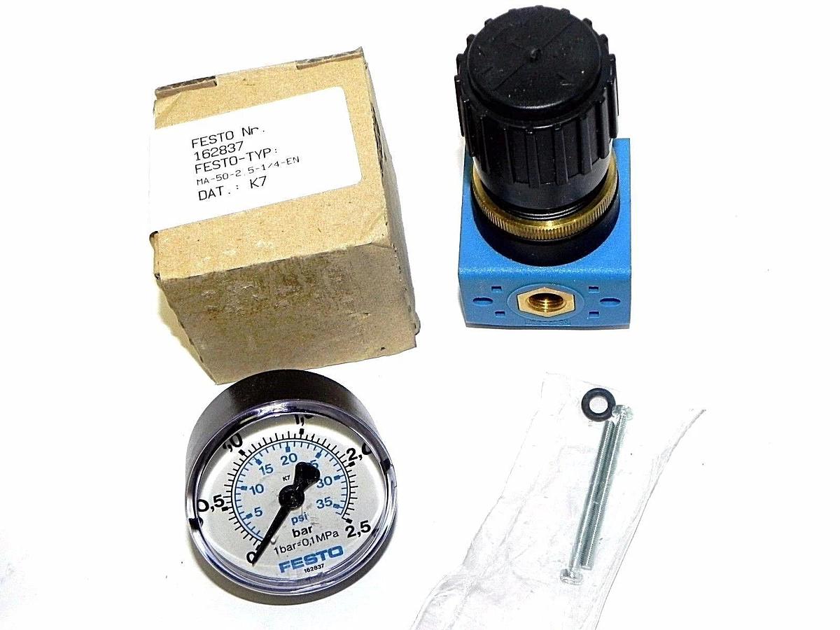 Used NIB FESTO LR-1/8-S-7-O-B PRESSURE CONTROL VALVE W/ 162837 GAUGE MA-50-2,5-1/4-EN