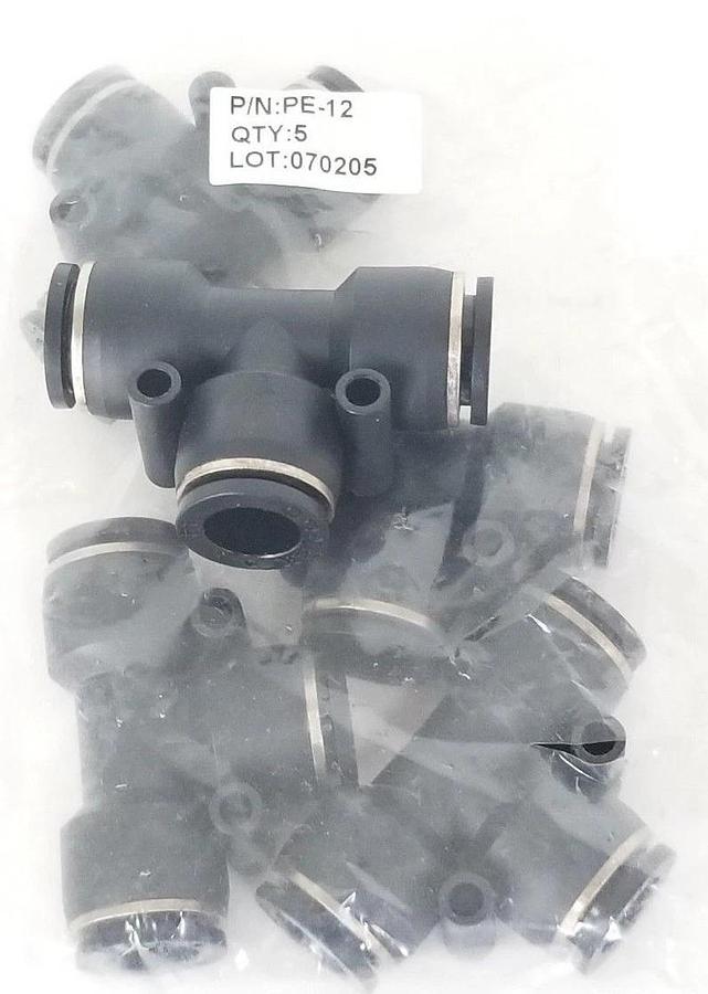 Used LOT OF 5 NEW PISCO PNEUMATICS PE-12 FITTINGS, TEE, 12MM, PE12