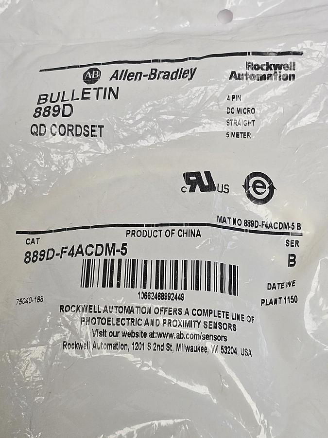 NEW ALLEN BRADLEY 889D-F4ACDM-5 QD CORDSET 4-PIN 5M SER. B 889DF4ACDM5