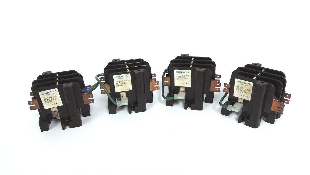 Used LOT OF 4 GOULD 2210 DP-J 20AA CONTACTORS 2210DPJ20AA, 600 VOLTS AC 25 AMP. IND.