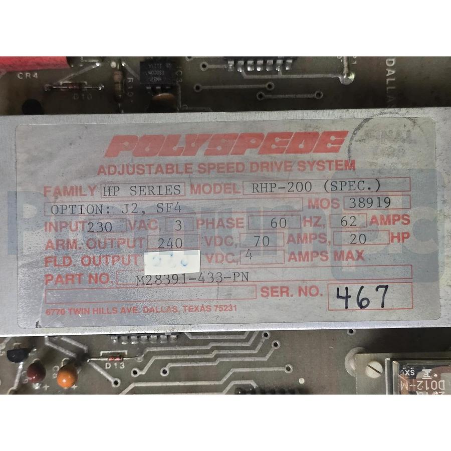 Used Polyspede RHP-200 HP Series 3Ph SCR DC Speed Control Drive 20HP M28391-433-PN