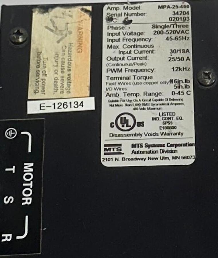 Used MTS MPA-25-460 / MPA25460 SERVO DRIVE CONTROLLER 200-520VAC 1/3 PH 25/50A USPI