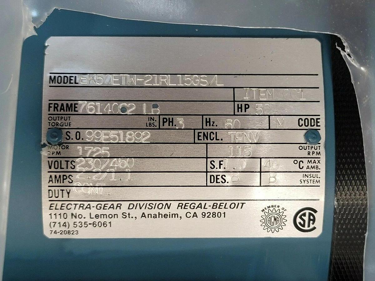 Used NIB ELECTRA-GEAR EK50ETW-21RL15GS/L GEAR REDUCER W/ 21RL15GS/L