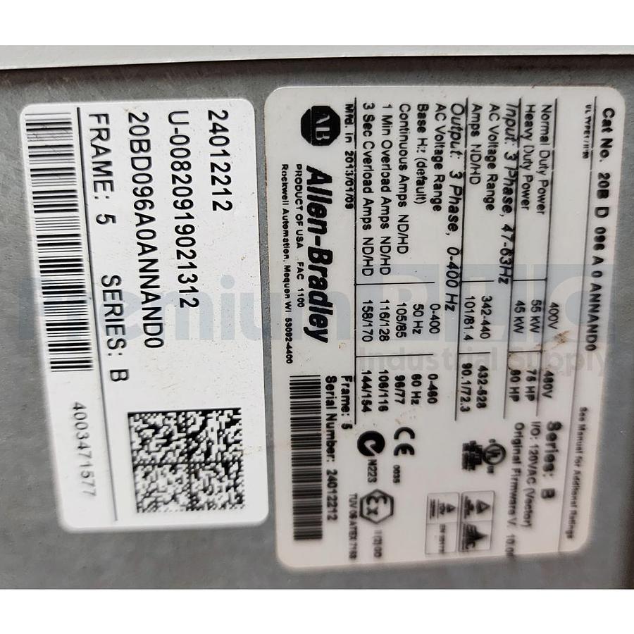 Used USED ALLEN BRADLEY 20BD096A0ANNAND0 /B  PowerFlex 700 AC DRIVE VFD 480V 96A 75HP