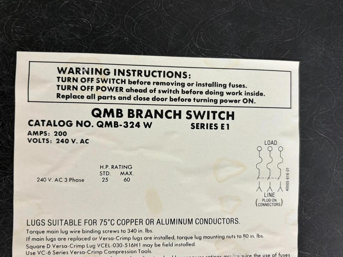 Used Square D QMB-324W QMB Branch Switch Panel Fusible Disconnect 200A 240V 3P E1