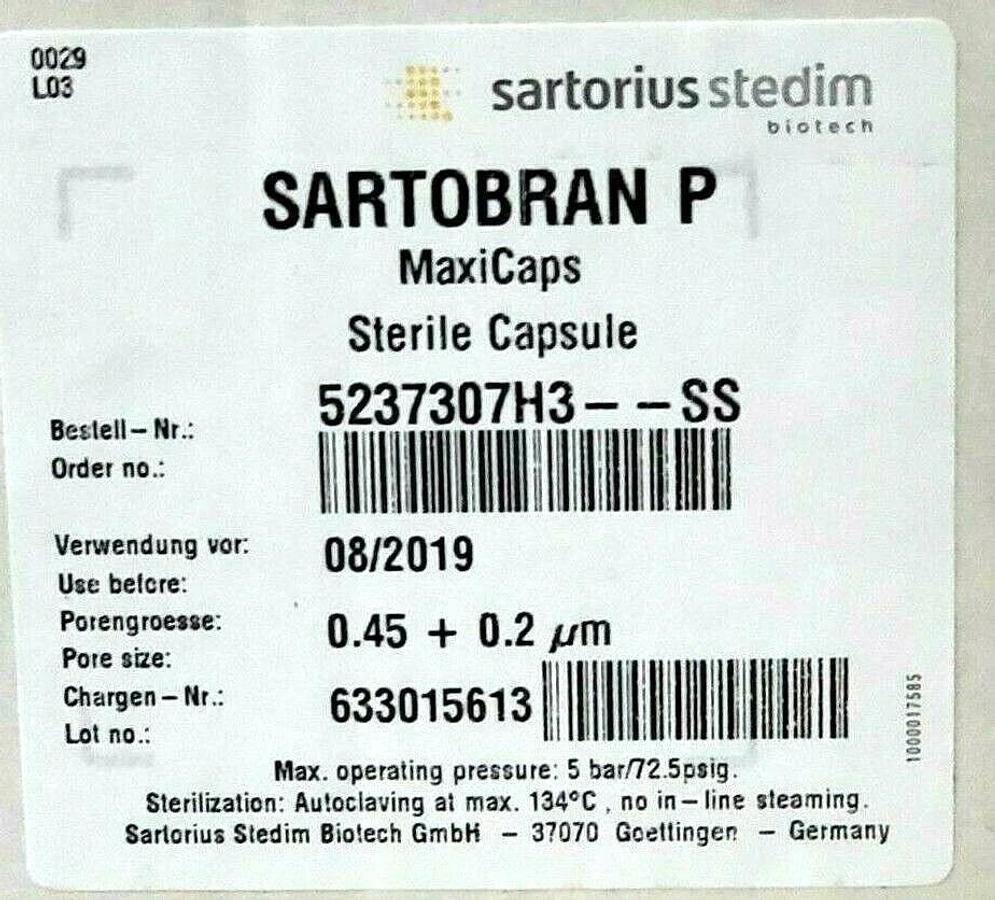 Used NIB SARTORIUS STEDIM SARTOBRAN P 5237307H3-SS PORE SIZE: 0.45 + 0.2UM MAXICAPS