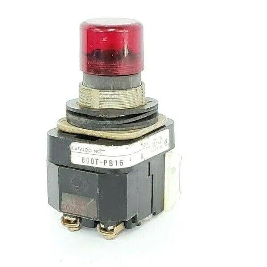Used ALLEN BRADLEY 800T-PB16 SER. N RED PUSHBUTTON W/ COIL, CONTACT BLOCK, NO COLLAR