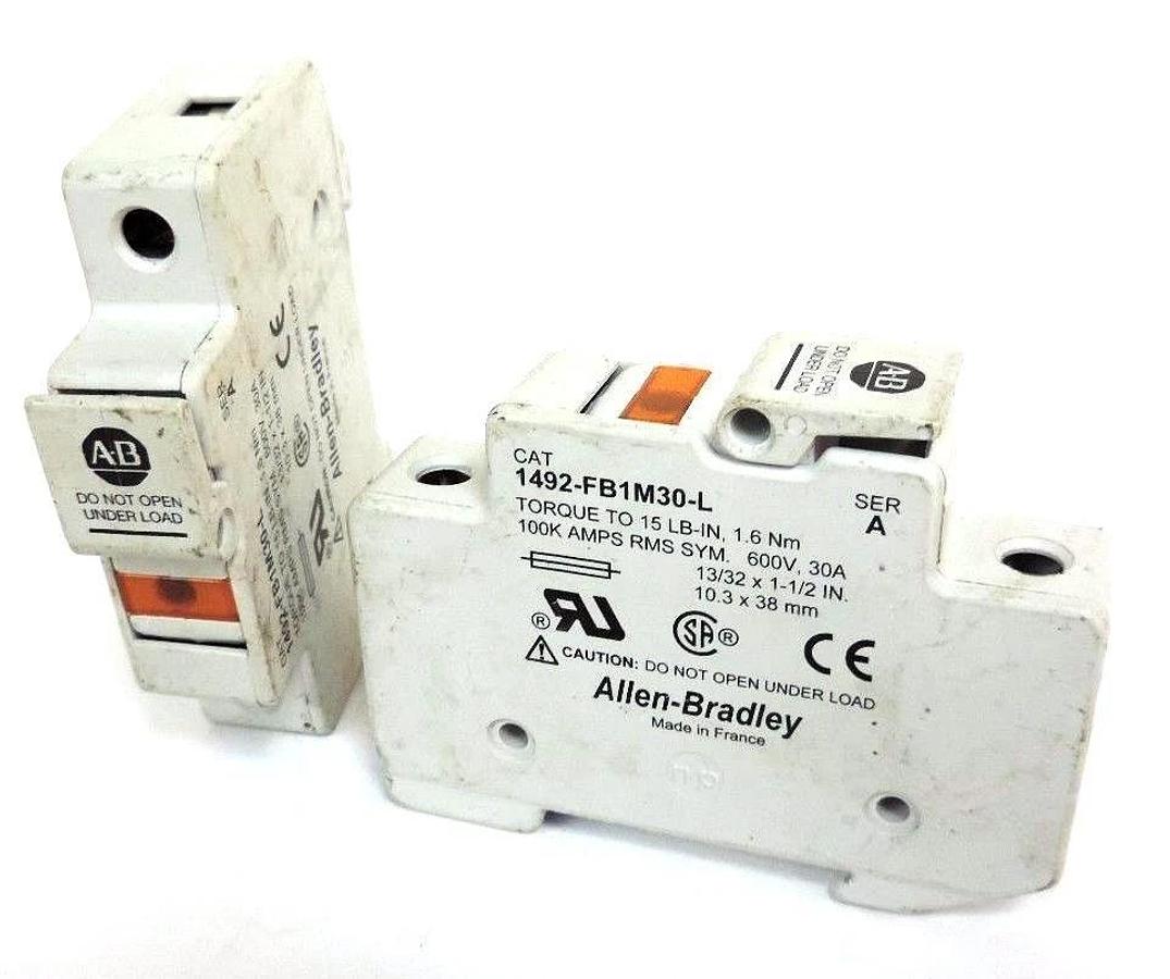 Used LOT OF 2 ALLEN BRADLEY 1492-FB1M30-L FUSE HOLDERS W/ FNM FUSES 1492FB1M30L