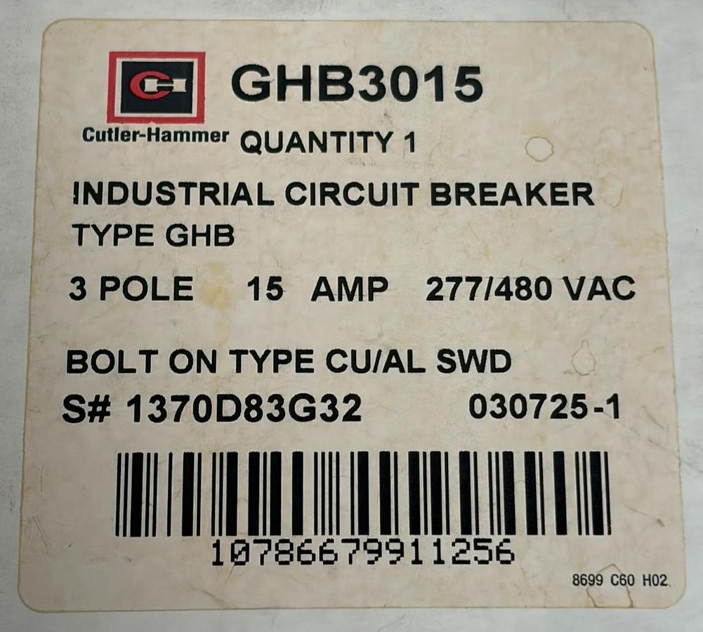 Used Cutler-Hammer GHB3015 3-Pole 15 Amp 480V Industrial Circuit Breaker New Surplus