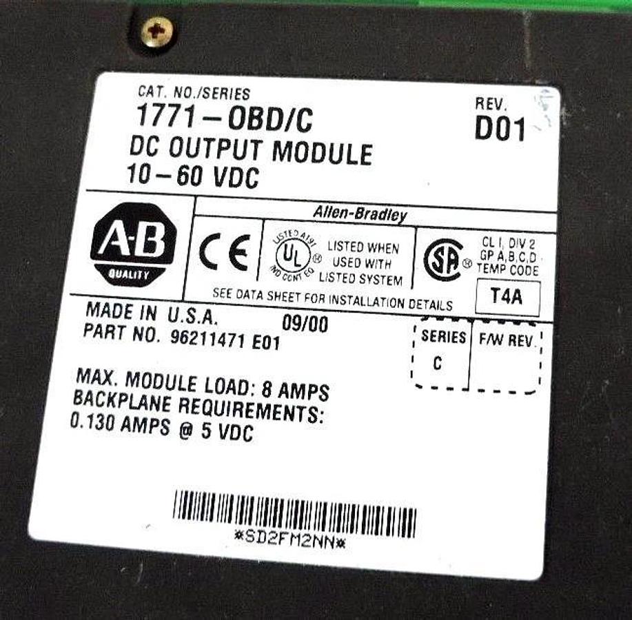 Used ALLEN BRADLEY 1771-OBD/C REV. D01 DC OUTPUT MODULE 10-60 VDC 1771OBD REV. E01