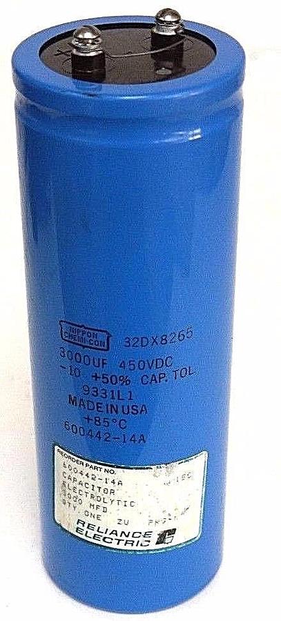 Used RELIANCE ELECTRIC 600442-14A CAPACITOR NIPPON 32DX8265, 3000 MFD, 3000UF, 450VDC