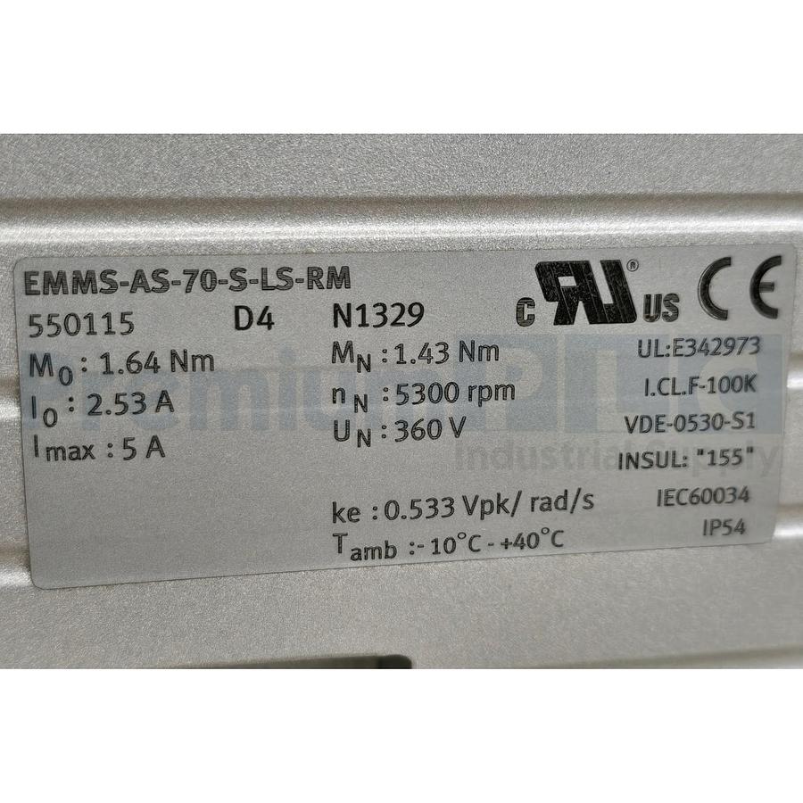Used Festo 550115 | EMMS-AS-70-S-LS-RM Synchronous Servo Motor 360VDC 0.866kW NSMP