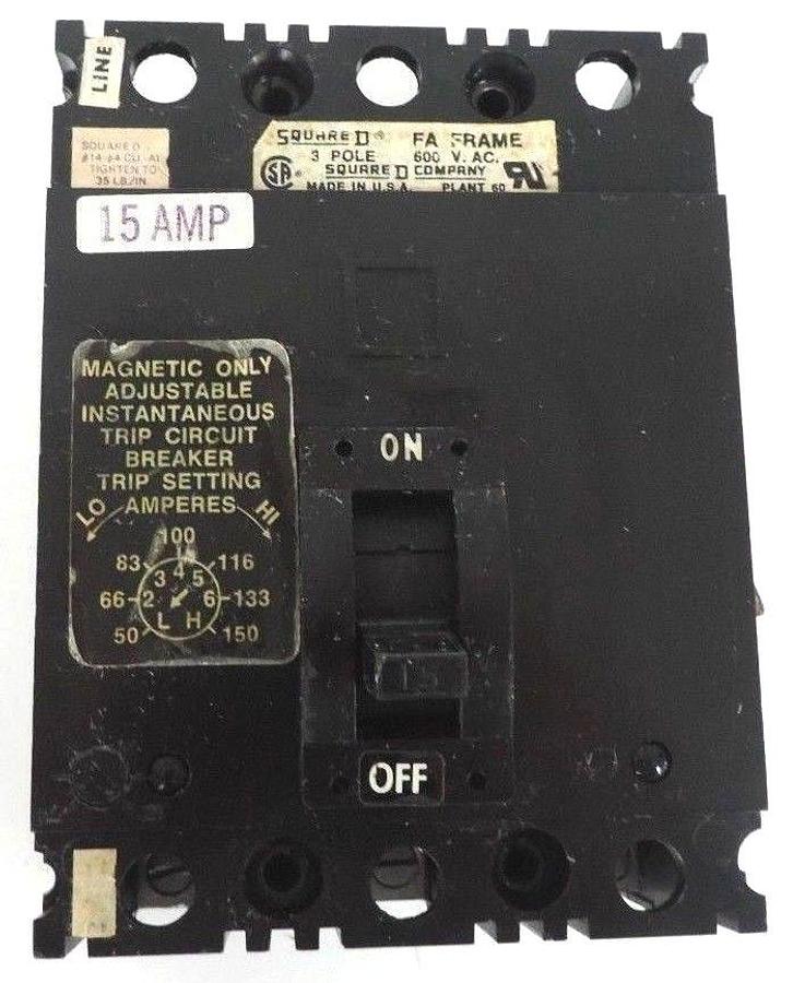 Used SQUARE D FAL-36015-13M CIRCUIT BREAKER FAL3601513M 3-POLE, 600 VAC, FAL3601513M