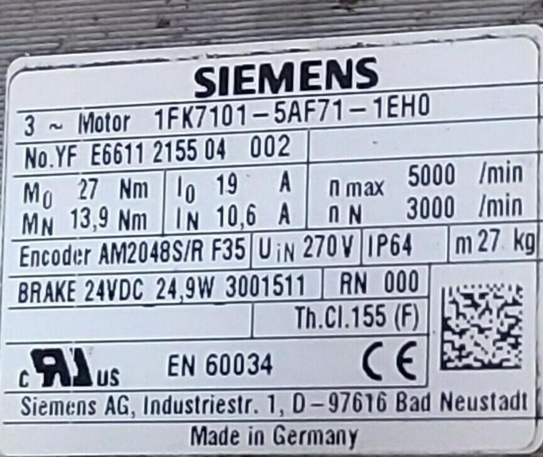 Used SIEMENS 1FK7101-5AF71-1EH0 SIMOTICS S Servo Motor ENCODER A-2048 w/Brake REP.