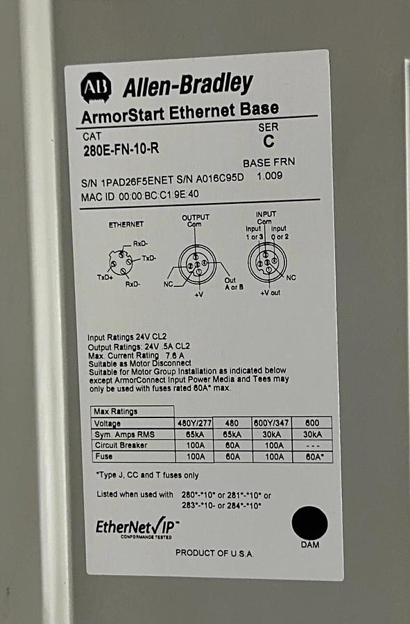 ALLEN BRADLEY 284E-FVD4P0Z-10-RRW-DBW /C ArmorStart 280E-FN-10-R /C Enet NSNP