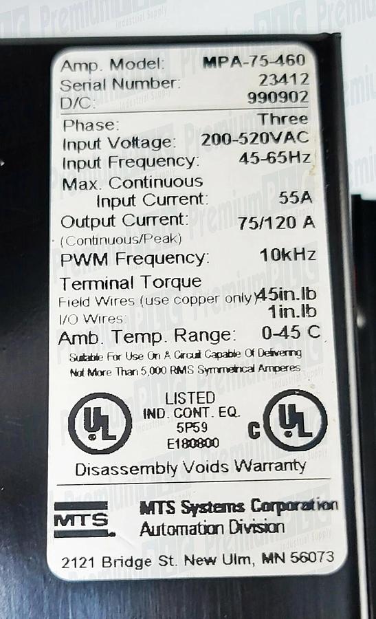 Used USED MTS SYSTEMS CO / PARKER MPA-75-460 / MPA75460 SERVO AMPLIFIER 75A 460V