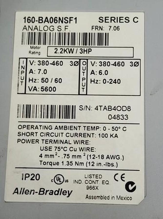 Used ALLEN BRADLEY 160-BA06NSF1 SER. C VARIABLE SPEED DRIVE FRN: 7.06