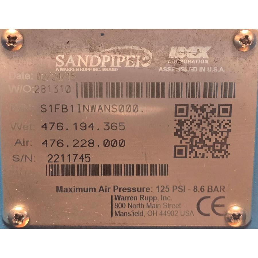 Used WARREN RUPP SANDPIPER S1FB1INWANS000 DOUBLE-DIAPHRAGM (AODD) PUMP 42GPM 1" NSMP