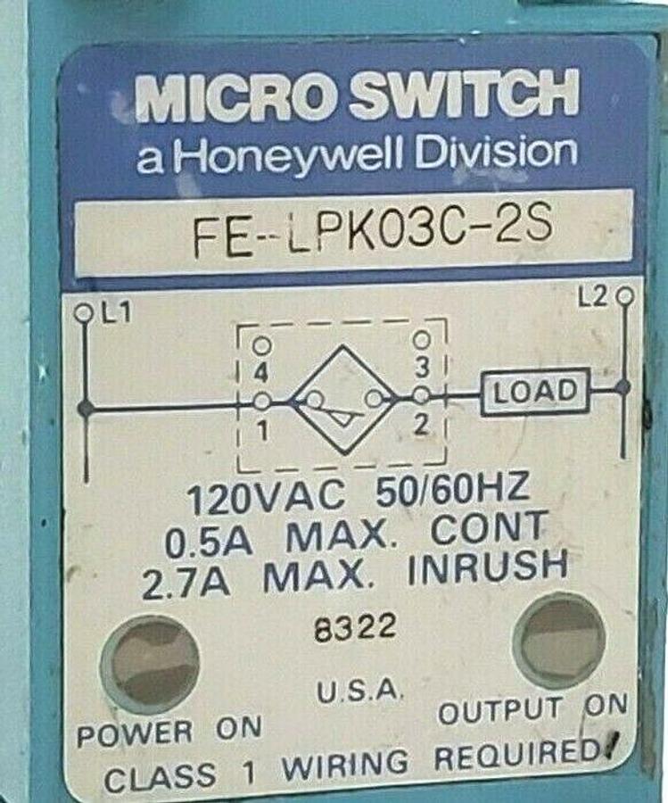 Used HONEYWELL MICRO SWITCH FE-LPK03C-2S 120VAC 50/60HZ FELPK03C2S