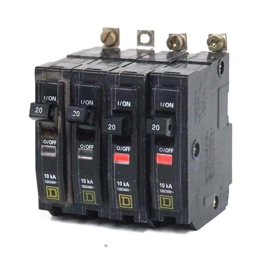 Used LOT OF 4 SQUARE D TYPE QOB-20 CIRCUIT BREAKERS 20 AMP, 1 POLE, QOB20
