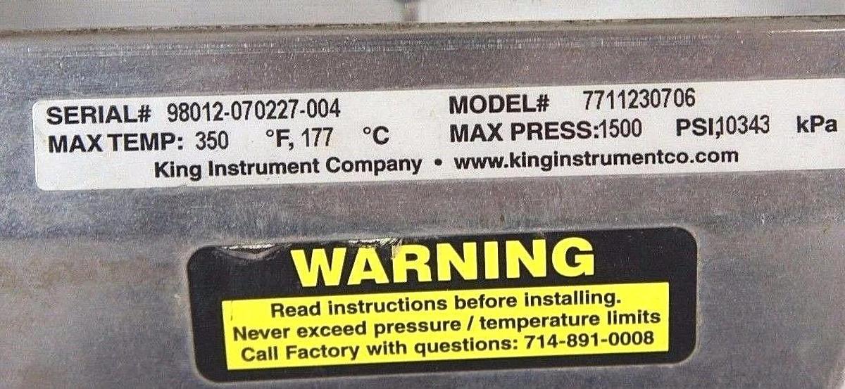 Used KING MODEL 7700 SERIES FLOWMETER, 7711230706, 1500 PSI MAX PRESS