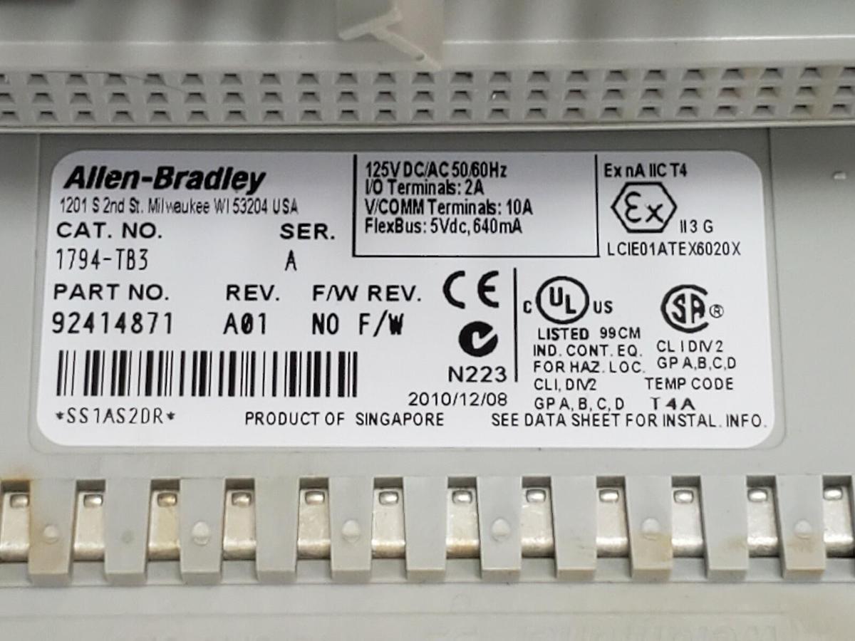 Used ALLEN BRADLEY 1794-TB3 TERMINAL BASE 1794TB3 SER. A REV. A01 P/N: 92414871